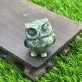 Hand-carved 3.5cm green jade owl figurine with natural textures on wooden base - Moss Agate