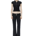 Close-up of slim fit black crop Henley top with shell buttons and matching trousers - XS / Black