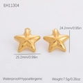 Minimalist 18K gold star stud earrings with radial brushed texture and sizing info - Star Radiating Brushed (EH11304)