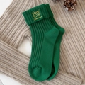Green rib-knit mid-calf cotton socks with double bell embroidery and Good Luck lettering - Green Bell