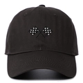 Close-up of racing flag embroidery on black cotton twill baseball cap with curved brim - Dark Gray