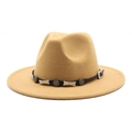Detail of khaki wool fedora hat with black leather band featuring silver star studs - Camel