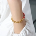 Handmade gold woven bracelet with red natural stone beads worn on female wrist - Natural Stone Bracelet (E497) / 18cm / Red