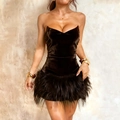 Elegant strapless velvet mini dress with faux fur hem in deep brown for women - XS / Brown