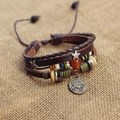 Brown and green layered leather Aries zodiac bracelet with wooden beads and star charm - Aries
