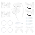 Flat lay of 15pcs white ribbed ribbon bow hair clips and headband set for girls - White