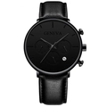 Close-up of Geneva men's quartz watch showing black leather strap and calendar window - Litchi Texture Leather Strap Style / Black Leather Strap / Black Hands