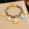 Handmade multi-color woven rope bracelet with gold cherry heart and ceramic flower charms - Five-color Flower and Pearl Style (B1795)