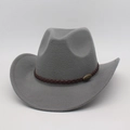 Classic grey felt western cowboy hat with wide brim and brown leather strap buckle - Gray