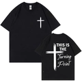 T-shirt nera in cotone con stampa Turning Point e design a croce, vista fronte e retro - S / Nero