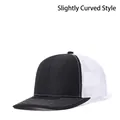 Black and white mesh trucker hat with curved brim and reinforced stitching details - Adjustable / Black + White Mesh