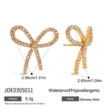 18K gold-plated stainless steel bow earrings with white crystals and size measurements - Pave Rhinestone Bowknot Style (JDE0305011)