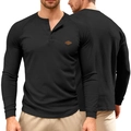 Men's black waffle knit long sleeve Henley shirt with raglan sleeves and leather patch - Black