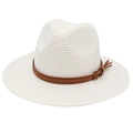 Detail of cream Fedora straw hat featuring a brown leather band and gold metal hardware - White