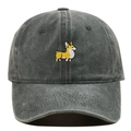 Detailed view of embroidery showing a cute corgi on washed dark grey cotton baseball cap - Adjustable / Green