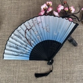 Blue and white gradient folding fan with pink floral pattern and black tassel detail - No.68 Blue White Gradient Floral