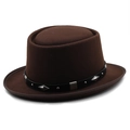 Detailed macro view of dark brown wool felt pork pie hat with studded leather belt - M(56-58cm) / Coffee