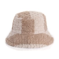 Plush checkerboard bucket hat in beige and light coffee faux fur with a warm design - M(56-58cm) / Beige Checkerboard