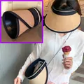 Foldable women's straw sun visor hat in black and beige with detachable shoulder strap - Crossbody & Rollable / Khaki
