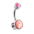Macro shot of G23 titanium belly button ring with bezel-set pink synthetic opal stones - 1.6x8mm Bar / Pink Opal
