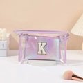 Purple laser makeup bag set with transparent PVC outer pouch and glitter letter K design - Purple [K]
