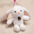 Cute white plush rabbit keychain with long ears and pink woven strap for bag charm - Rabbit