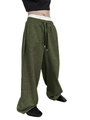Olive green wide-leg joggers with elastic waist and black drawstring in textured knit fabric - Army Green