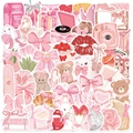 Set van 50 roze esthetische waterdichte stickers met strikken, beren en bloemen - 50 vellen roze pretparadijs