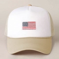 Detail of USA flag embroidery on a white and beige mesh breathable trucker cap - One Size / Khaki