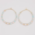Bohemian beaded hoop earrings with mint green and pink beads on golden wires - Fresh Pink Green with White Bead (MI-E220217E)