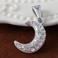 Silver crescent moon pendant crafted from stainless steel with pavé set clear crystals - Zirconia Moon - Steel