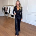 Tuta elegante con paillettes nere e scollo a V, maniche lunghe e pantaloni a gamba larga - S / Nero