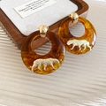 Maillard geometric hoop earrings with amber resin and golden leopard relief detail - 39# Silver Earring Post-Gold-Brown-Leopard Relief Hoop