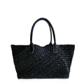 Large black hand-woven genuine leather tote bag with sturdy handles on white background - Large Black No Strap