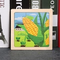 Wooden 9-piece children's puzzle featuring a cartoon grasshopper and corn pattern - Corn