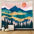 Arazzo paesaggio montano astratto con trama dorata e sole per decorazione murale - 73X95CM / Tessuto Spazzolato / GT221104-Montagne Blu Oro