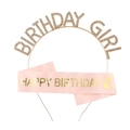 Pink birthday girl sash with gold foil and rhinestone crown headband set for kids - Gold Solid Color Set