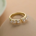 Minimalist gold plated geometric open ring featuring six white pearls for women - Adjustable Open / Gold Pearl Style (13672)