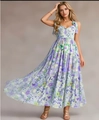 Lavender floral sleeveless maxi dress with tiered skirt and bow shoulder straps - S / Violet