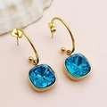 French vintage luxury square blue zircon drop earrings in gold plated stainless steel - Dark Blue