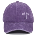 Detailed embroidery of a white cross on washed purple denim vintage baseball cap - Adjustable / Purple