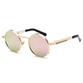 Steampunk sunglasses with golden metal round frame and spring hinge detail - Gold Frame Pink Mirror