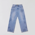 Detail of light blue washed denim jeans with white paint splatter and logo label - XS / Sky Blue