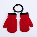 Thick red knitted winter mittens for toddlers with black ribbed cuffs and neck string - 1-3 Years / Regular Lanyard Style / Red