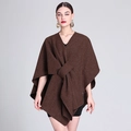 Women's chic dark coffee knit poncho cape with V-neck knot detail and soft texture - One Size / Coffee