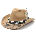 Detail of khaki felt cowboy hat featuring floral patterns, braided band and feather accent - M (56-58cm) / Khaki Black Floral Butterfly Print (Camel 3) / Camel 3