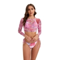 Set bikini 3 pezzi con copricostume in mesh floreale rosa e costume con lacci laterali - S / Rosa