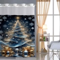 Duschvorhang mit blauem Weihnachtsbaum-Motiv, goldener Schleife und Schneeflocken - 25SD-B Blauer Künstlerischer Weihnachtsbaum