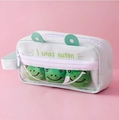 Cute green frog pencil case with transparent window and plush ornaments on pink background - Green Frog