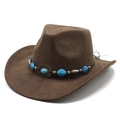 Detail of a brown cowboy hat featuring turquoise beads and vintage bronze metal accents - M(56-59CM) / Brown (Suede)